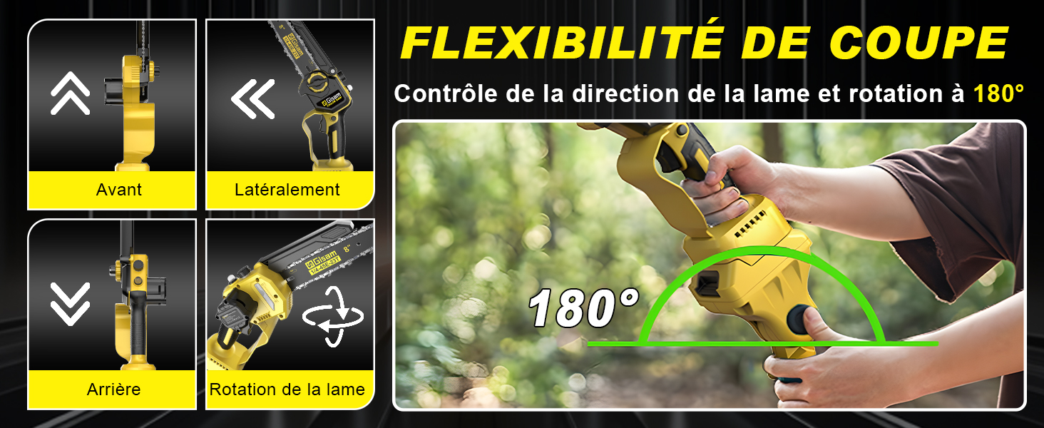Le texte indique « FLEXIBILITÉ DE COUPE ». Schéma technique montrant la capacité de rotation à 180 degrés avec des graphiques d'instructions jaunes et noirs.