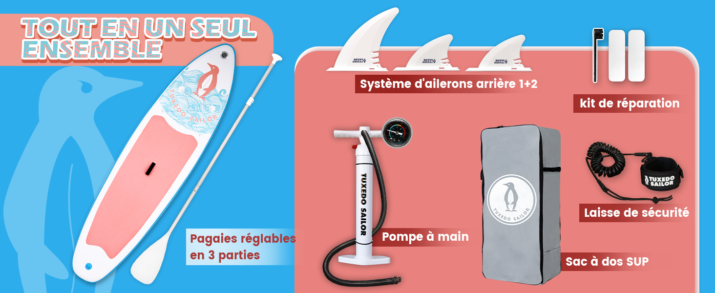 Illustration de style infographique avec une palette de couleurs rose et bleue montrant différents types de planches de surf et des icônes liées au surf avec des indicateurs de mesure.