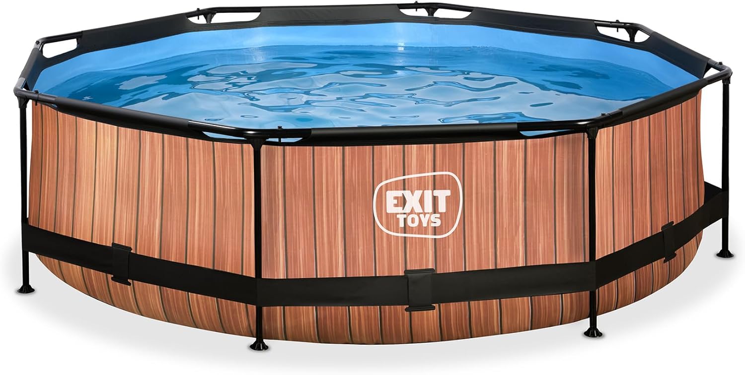 jardinite Piscine Tubulaire Wood - ø300x76cm - Piscine Hors Sol Ronde avec Pompe Filtrante à Cartouche - Entrée Basse - Idéal pour Les Jeunes Enfants - Cadre Stable - Design Unique - Marron