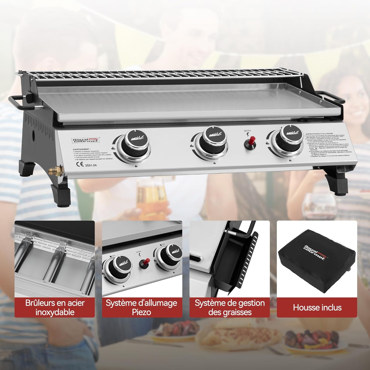 jardinite - Plancha gaz inox 3 brûleurs 61,5x32cm, 7,5kW, usage extérieur
