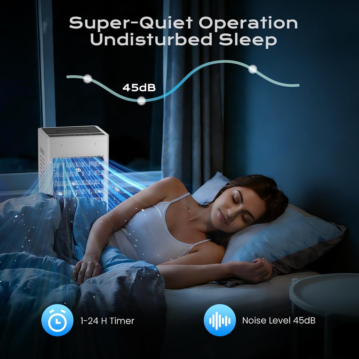 Climatiseur mobile 12L, 45W, 3 modes, minuterie, 6 vitesses, 60°/120°, 4 blocs glace