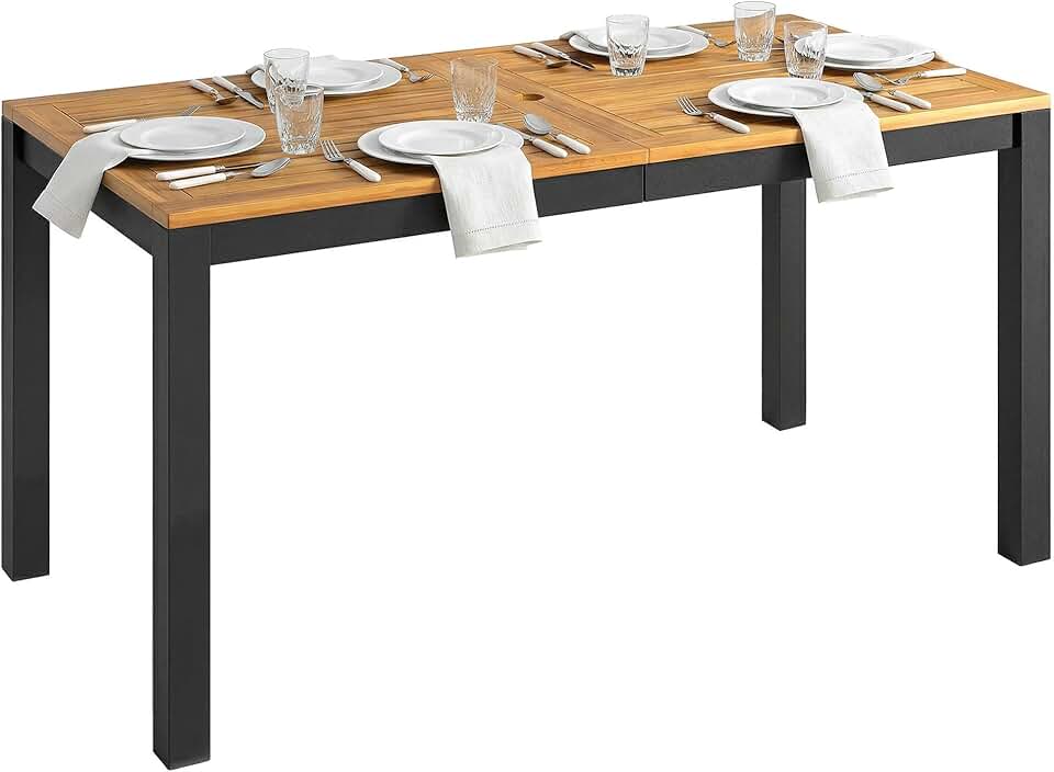 jardinite - Table de jardin rectangulaire 150x75x75 cm - bois acacia, 6 places, trou parasol, 80 kg