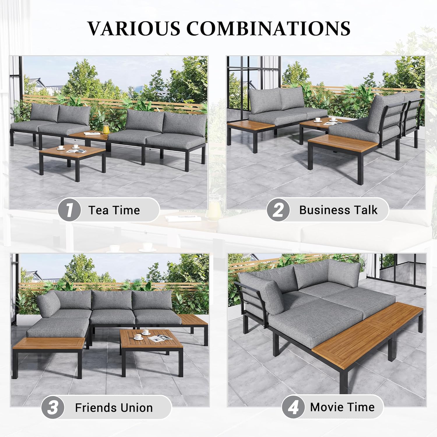 Salon de jardin - canapé 2 places, tables d'appoint, acacia, acier galvanisé, B-gris