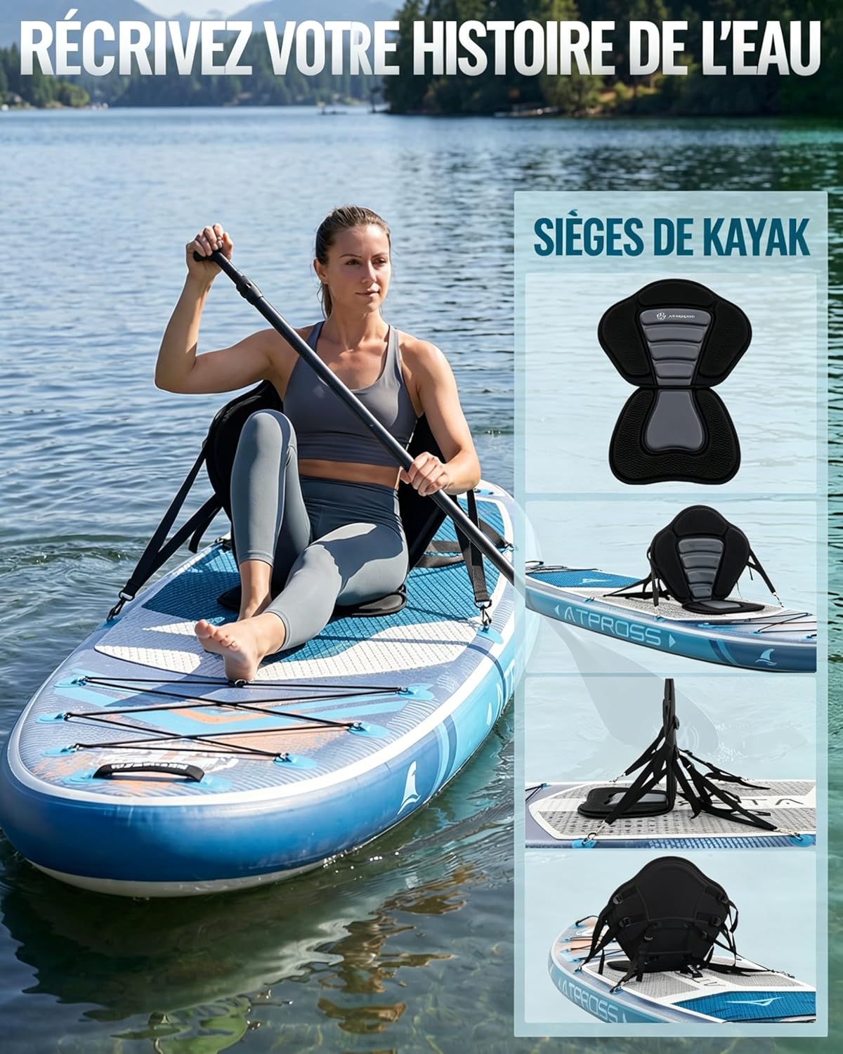 Stand Up Paddle Gonflable Adulte avec Siège Kayak & Accessoires, 320x84cm Planche de Sup Extra Large pour 2 Personnes, Charge 200kg, Kayak Gonflable 2 Places Stable et Antidérapant pour Surf