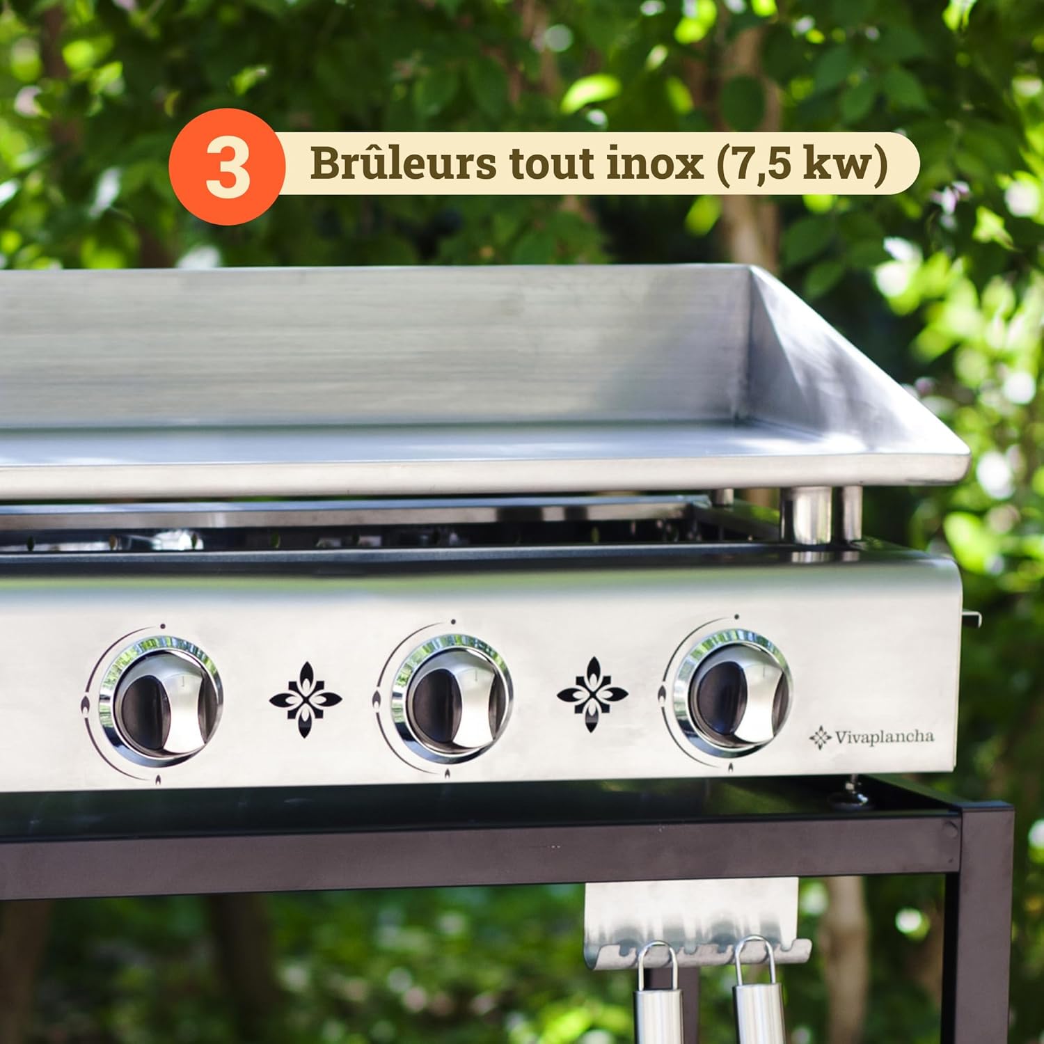 Plancha gaz inox - semi professionnelle - 68x35 cm - plaque inox 6mm, 7,5kW, 3 brûleurs