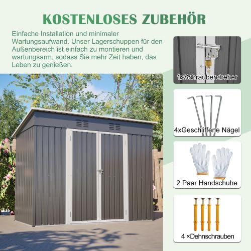 Abri de jardin en métal 242 x 126 x 182 cm – Armoire de jardin résistante aux intempéries avec toit incliné et ventilation – Porte verrouillable, cadre de fondation pour jardin, terrasse, vélo et