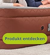 Le texte indique « Produkt entdecken ». Surface texturée brune ou meuble avec un bouton ou un élément d'interface vert vif.