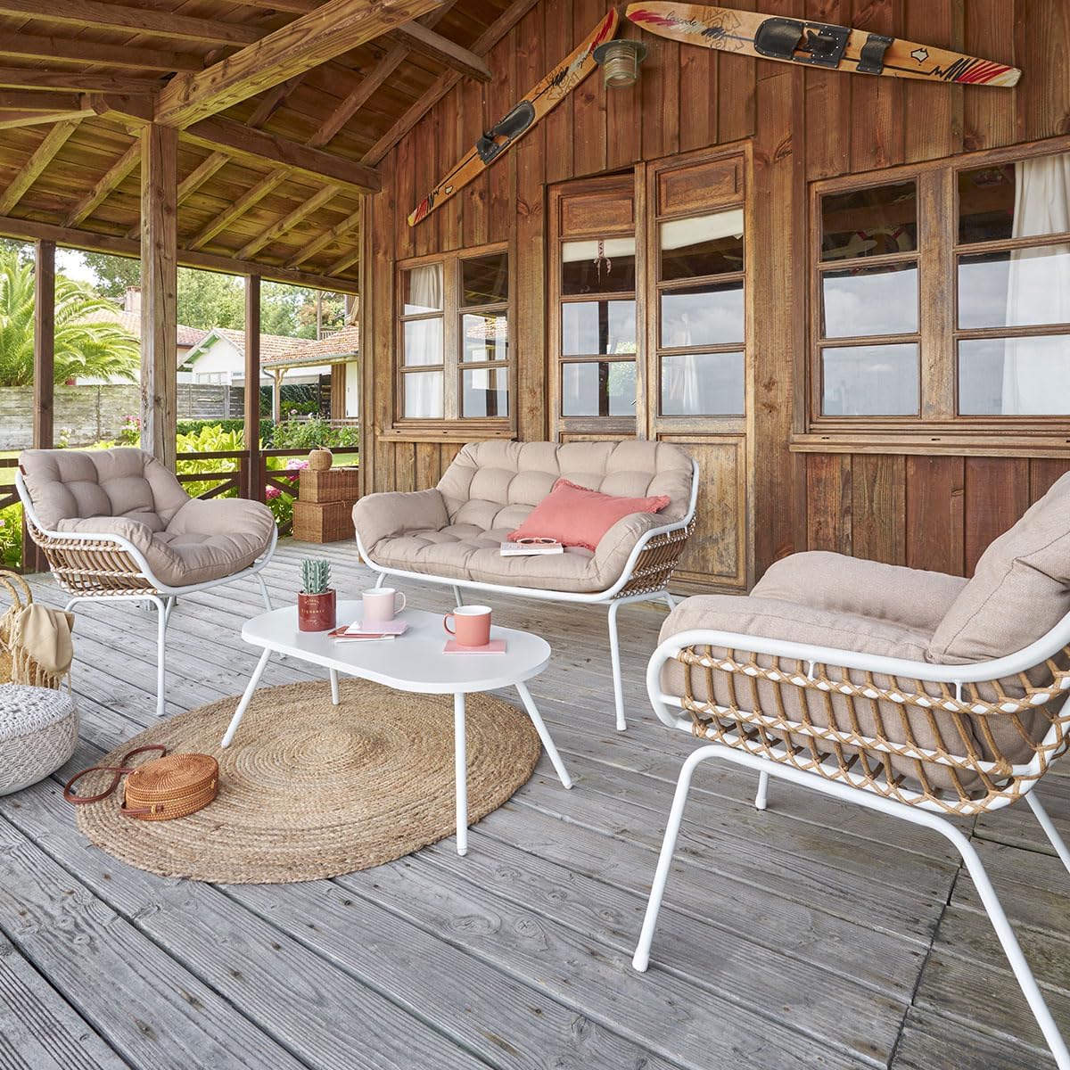 jardinite - Paopao Salon de Jardin - 4 places - acier epoxy, pieds ajustables - Blanc et Beige