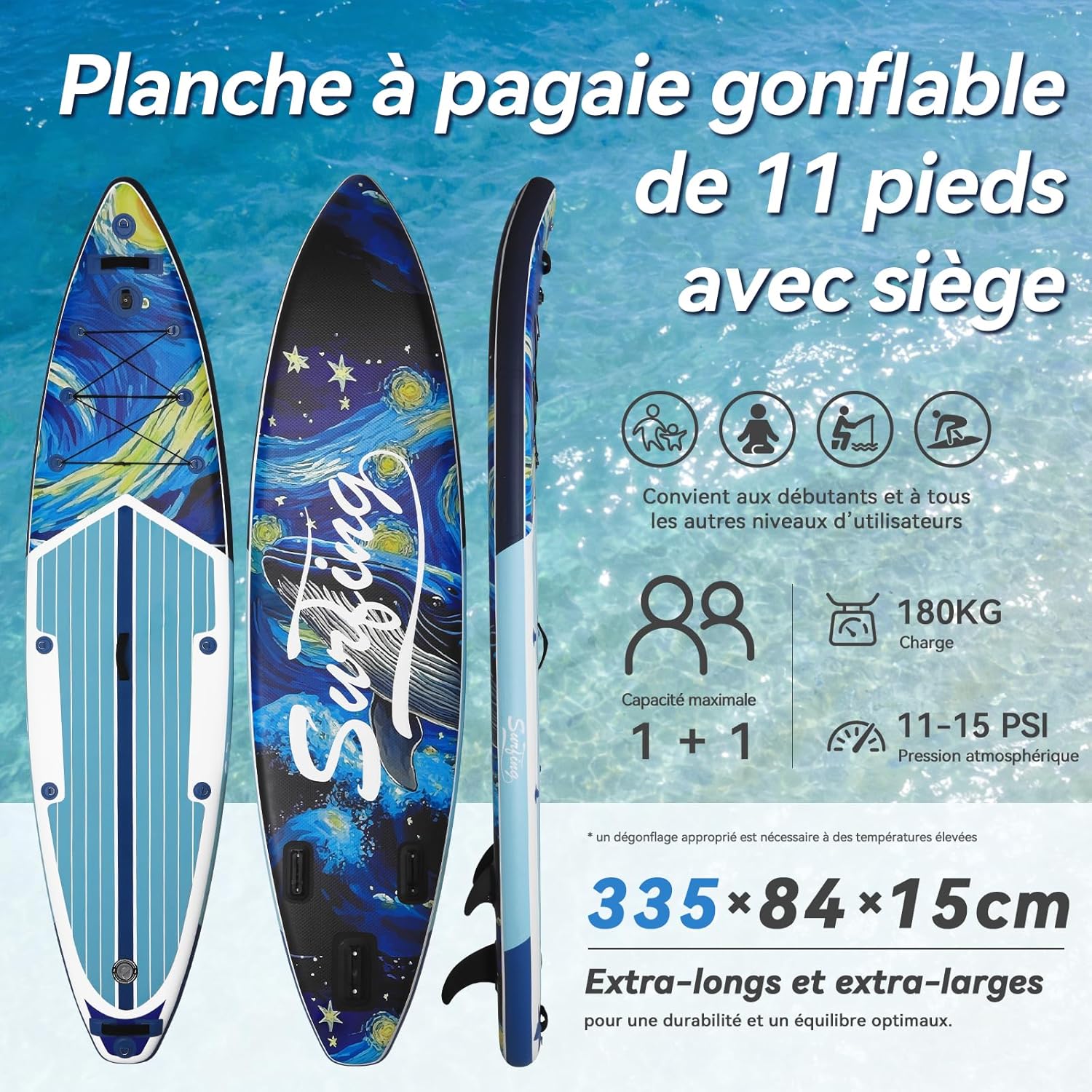 jardinite - Paddle gonflable adulte 320/335cm - 2 personnes, siège kayak, pagaie, support caméra, 150kg