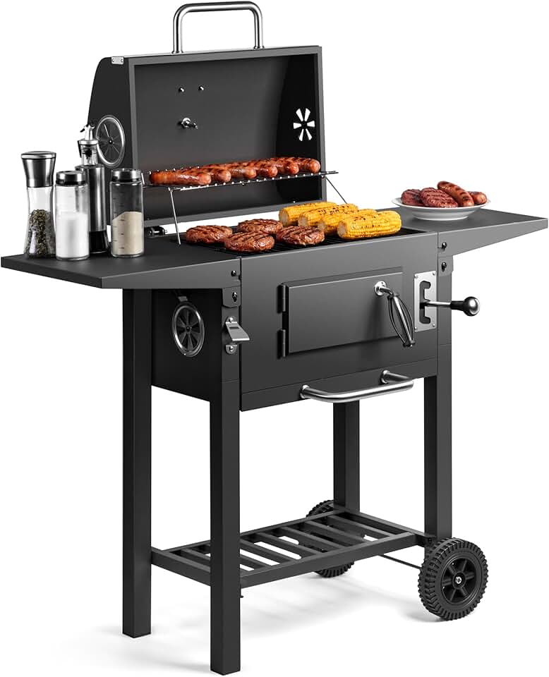 jardinite - Barbecue charbon portable - hauteur réglable, grilles, roulettes, tables latérales, étagère - 78x40x90 cm