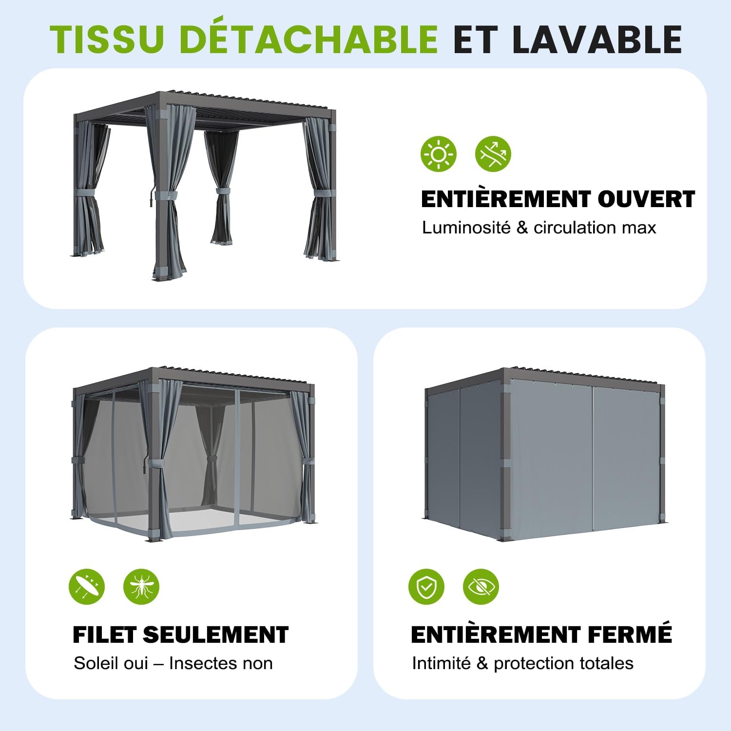 Pergola bioclimatique - aluminium/acier - 3x3 m - toit à lames, rideaux étanches