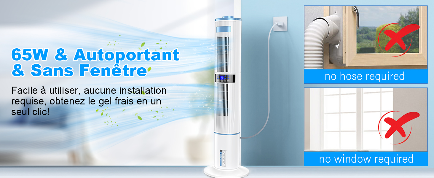Le texte indique « 65W & Autoportant & Sans Fenêtre ». Emballage du produit ou publicité pour un article autoportant sans fenêtre de 65 watts. Texte en français. Affiche les photos du produit et le panneau des spécifications.