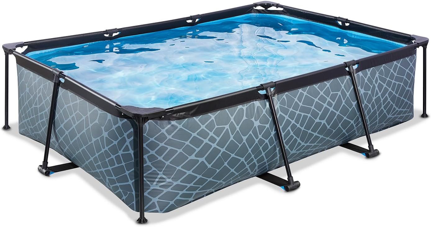 jardinite Piscine Tubulaire Stone - 220x150x65cm - Piscine Hors Sol Rectangulaire avec Pompe Filtrante à Cartouche - Entrée Basse - Idéal pour Les Jeunes Enfants - Cadre Stable - Design Unique - Gris