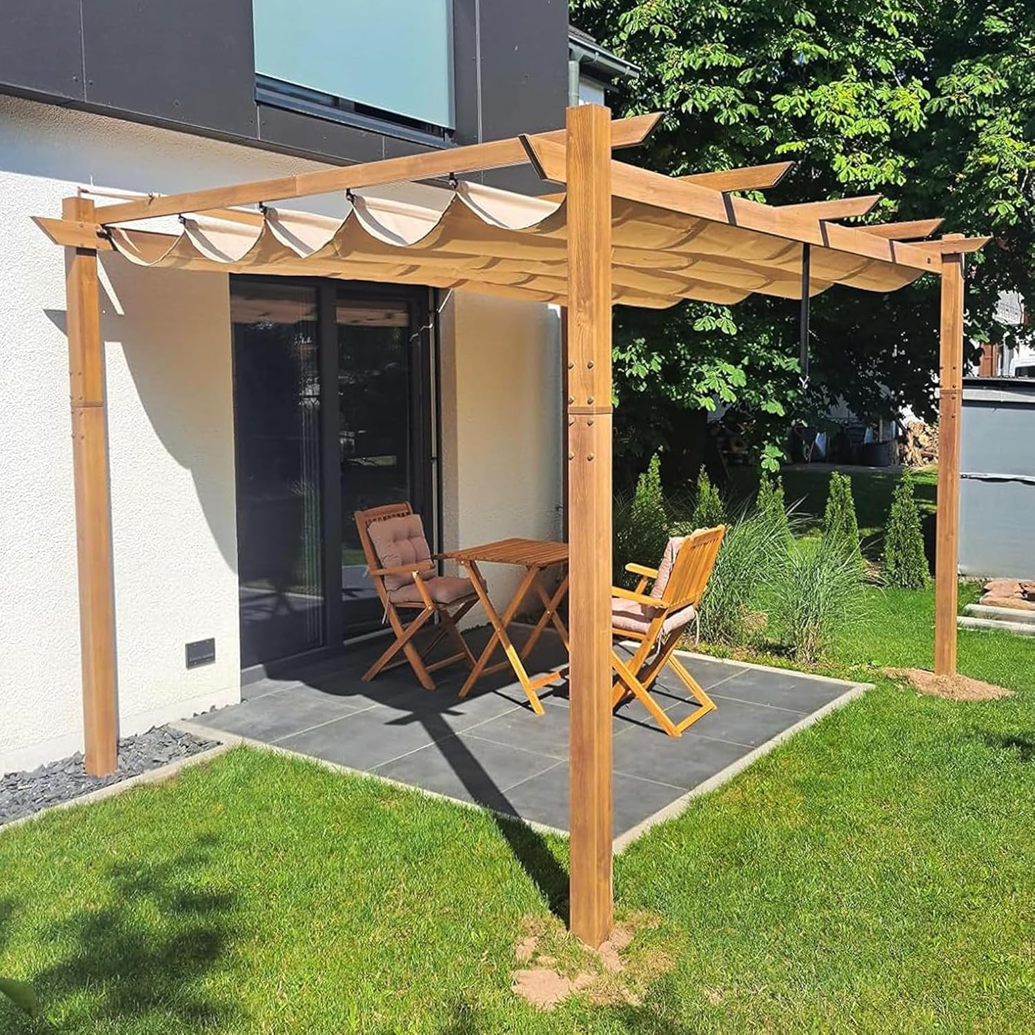 jardinite - pergola aluminium 4x3m teck, toile rétractable, kaki