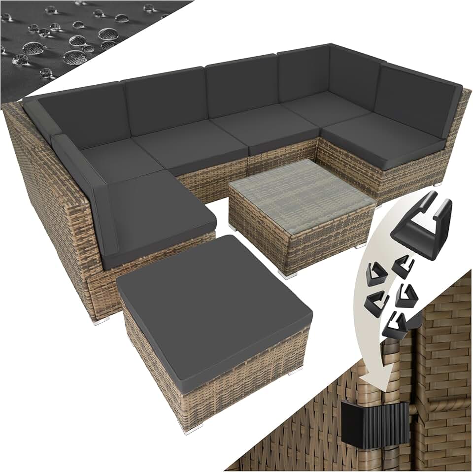 jardinite - salon modulable rotin 6 fauteuils 1 table marron naturel