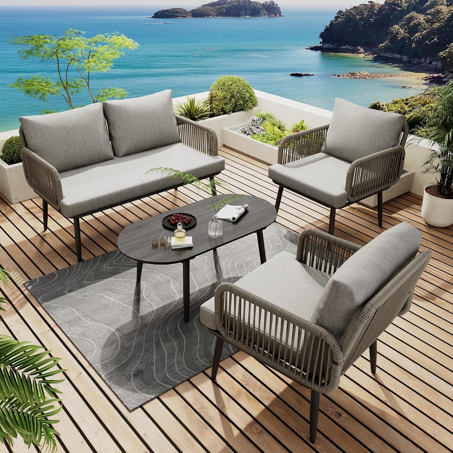 Mobilier de jardin 4 pièces - canapé, fauteuils, table - tressage main, acier galvanisé, plateau imitation bois
