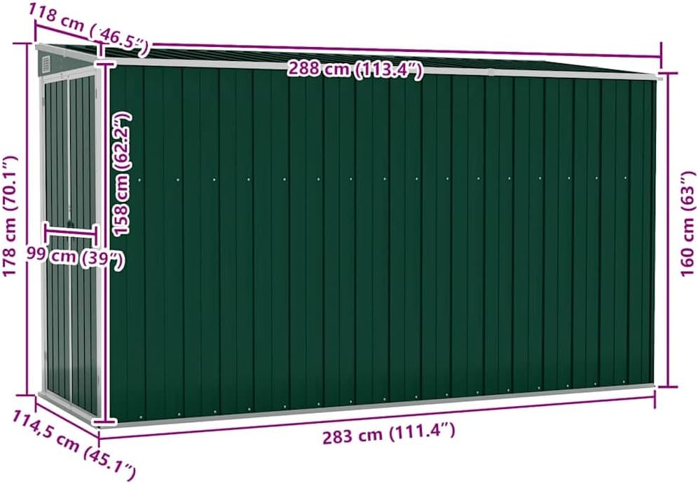 jardinite Abri de Jardin Mural Vert 118x288x178 cm Acier galvanisé,Structures extérieures, Cabanes & abris de Jardin,316225