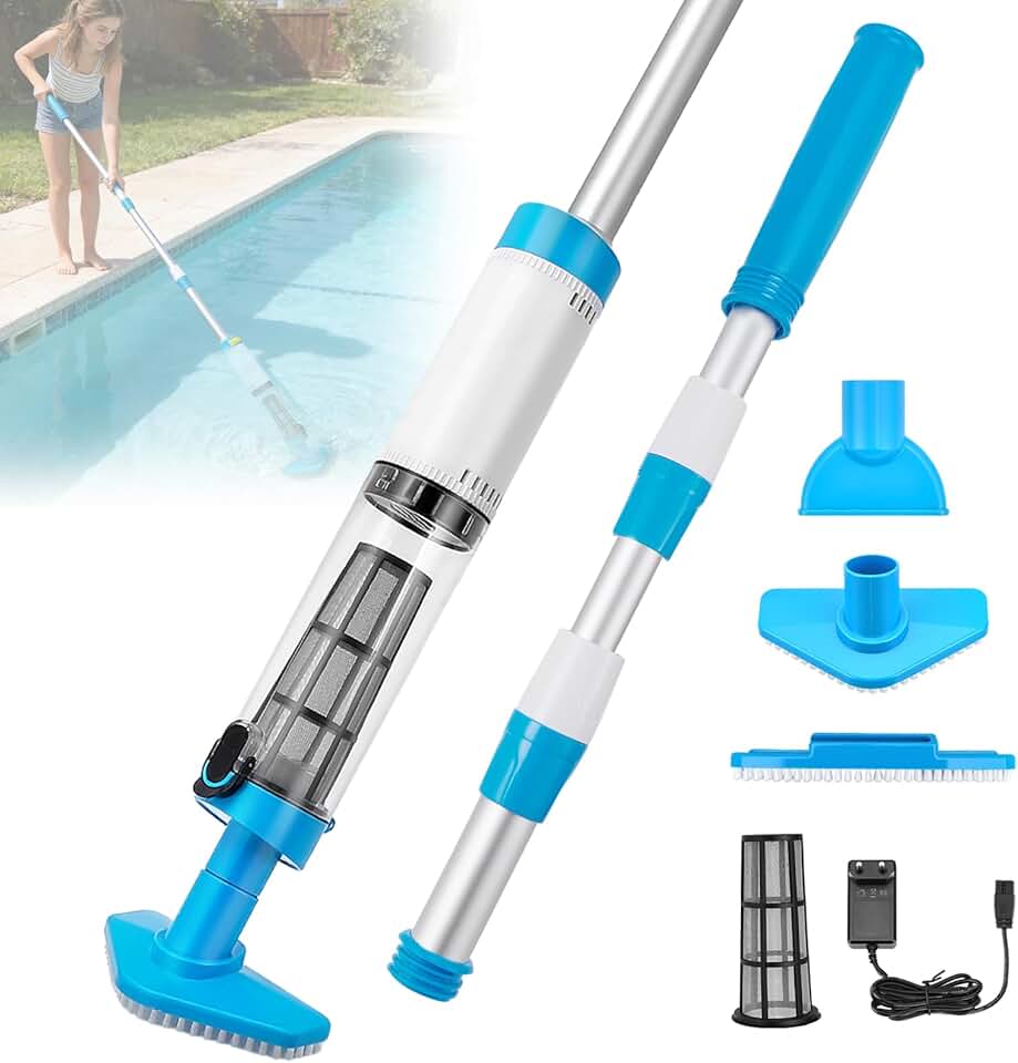 Aspirateur piscine 3 en 1, télescopique 103,5-162,5 cm, rechargeable, puissant, 3 brosses, capteur automatique