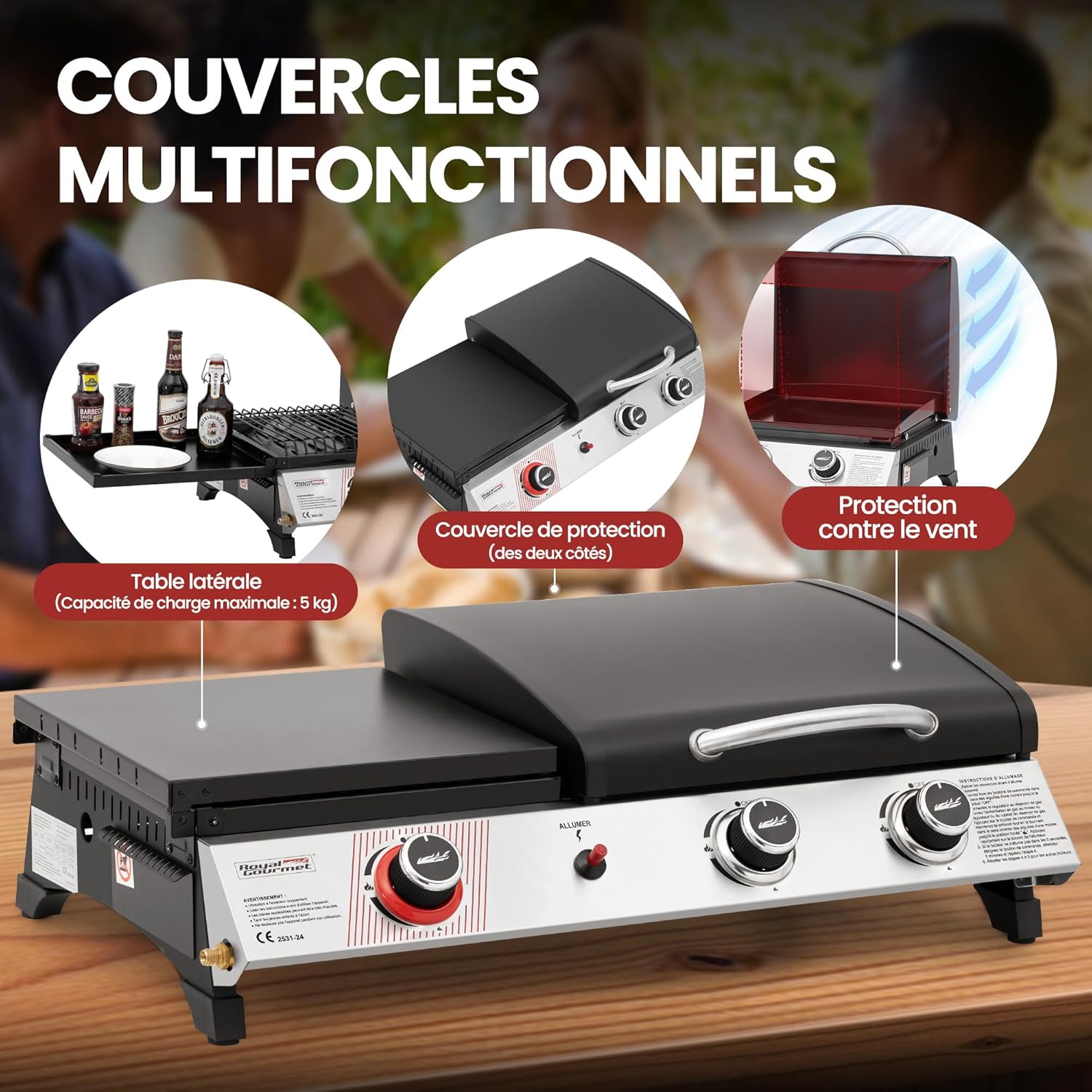 jardinite - barbecue gaz 3 brûleurs - 8,5kW - plancha, grille, couvercle multifonction